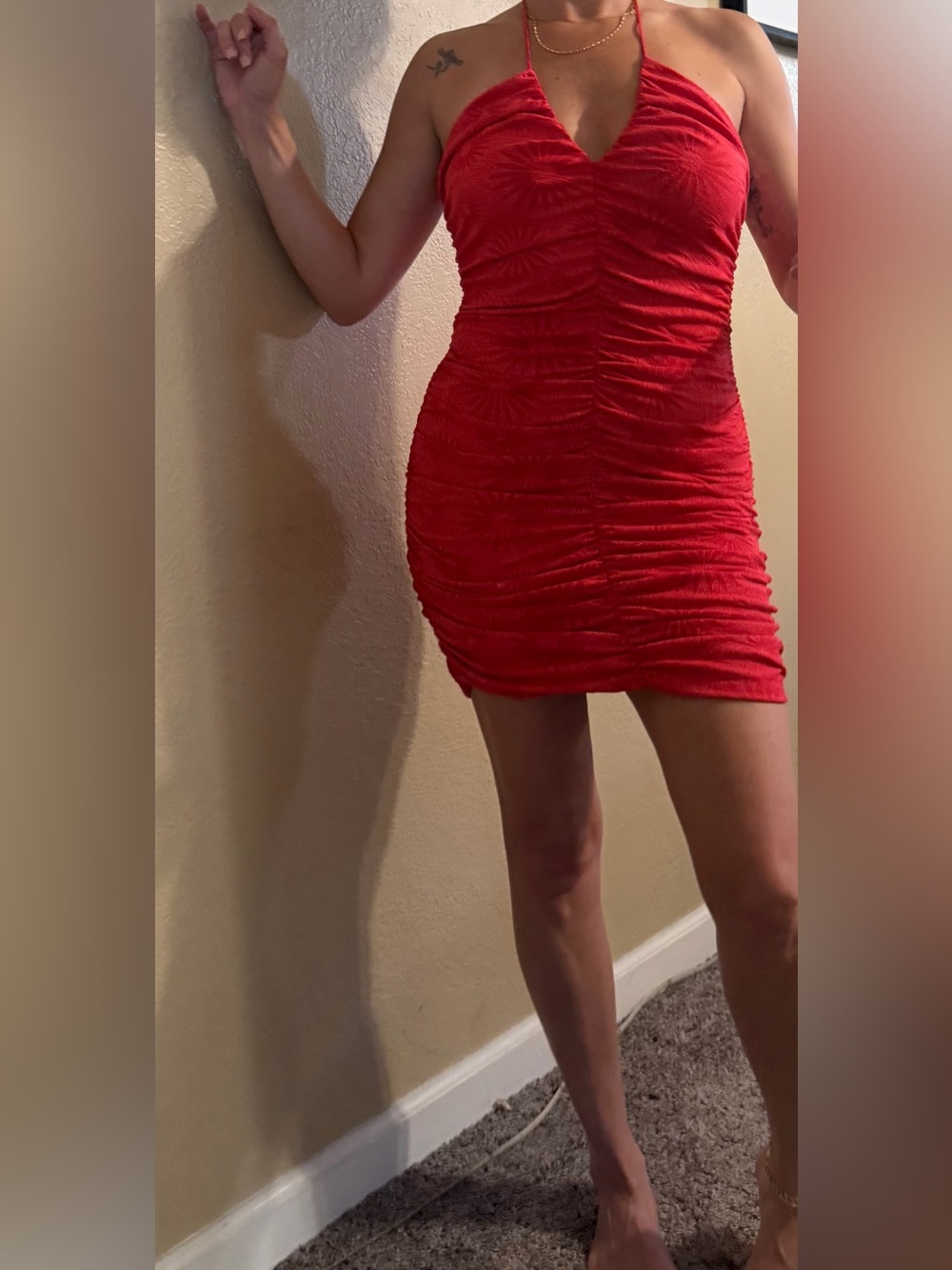 Zara Red Ruched Halter Bodycon Dress